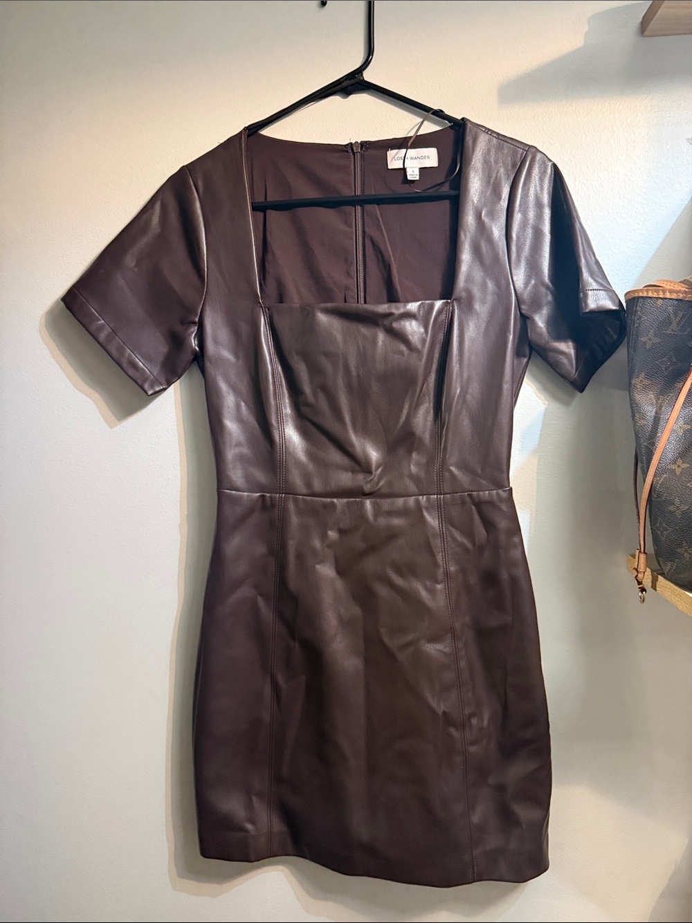 Lost + Wander Dark Brown Faux Leather Square-Neck Mini Dress